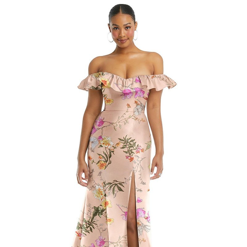 Shop Alfred Sung Off-the-shoulder Ruffle Neck Floral Satin Trumpet Gown In Pink