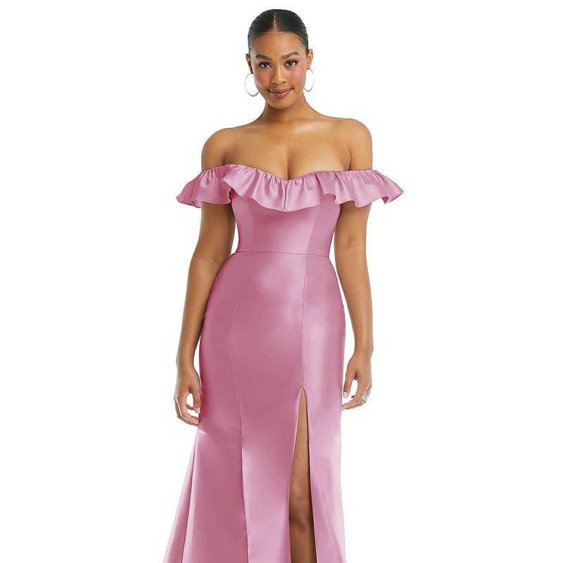 Shop Alfred Sung Off-the-shoulder Ruffle Neck Satin Trumpet Gown In Pink