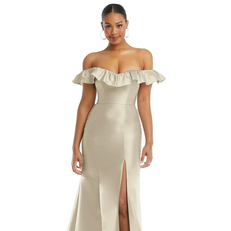 Shop Alfred Sung Off-the-shoulder Ruffle Neck Satin Trumpet Gown In Grey