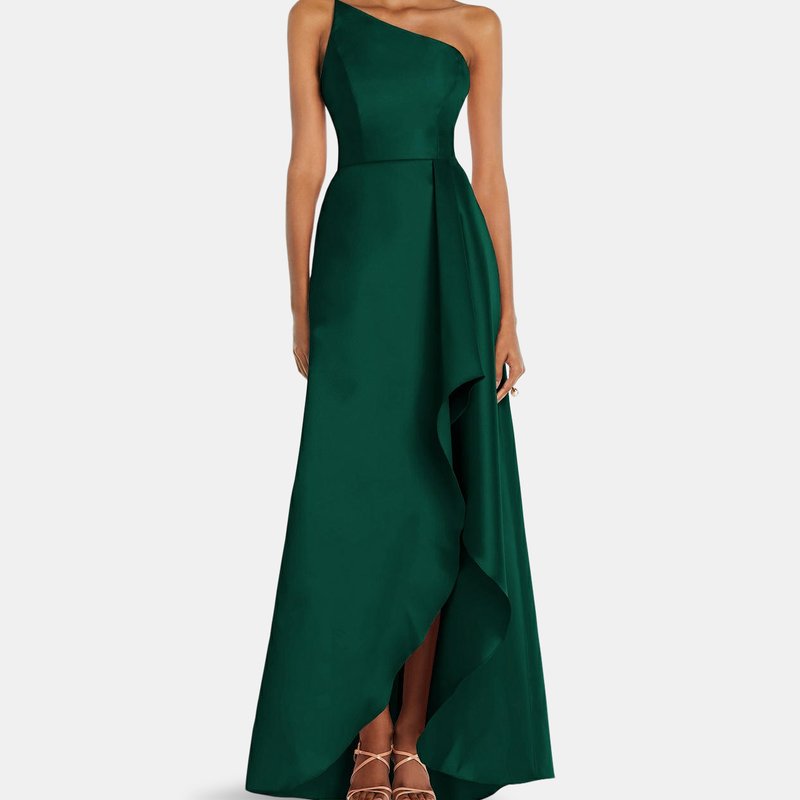 Alfred Sung One-shoulder Satin Gown With Draped Front Slit And Pockets In Hunter Green