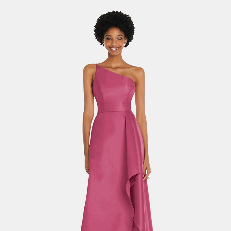 Alfred Sung One-shoulder Satin Gown With Draped Front Slit And Pockets In Tea Rose