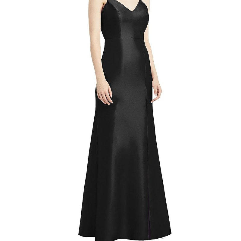 Alfred Sung Open-back Bow Tie Satin Trumpet Gown In Black
