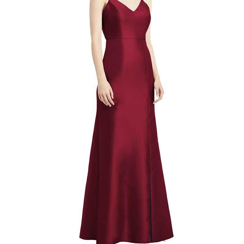 Alfred Sung Open-back Bow Tie Satin Trumpet Gown In Burgundy