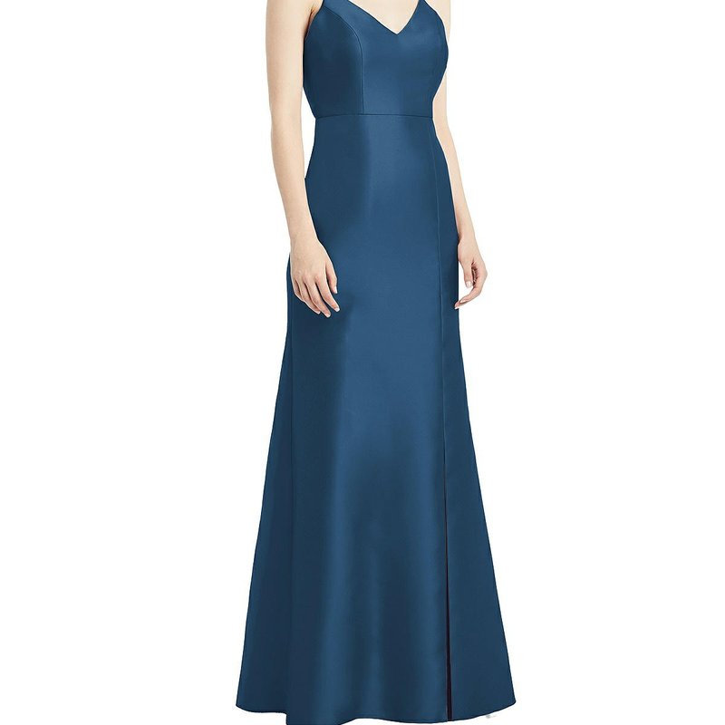Alfred Sung Open-back Bow Tie Satin Trumpet Gown In Blue