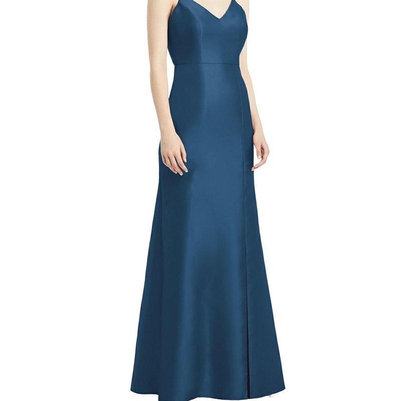 Alfred Sung Open-back Bow Tie Satin Trumpet Gown In Dusk Blue