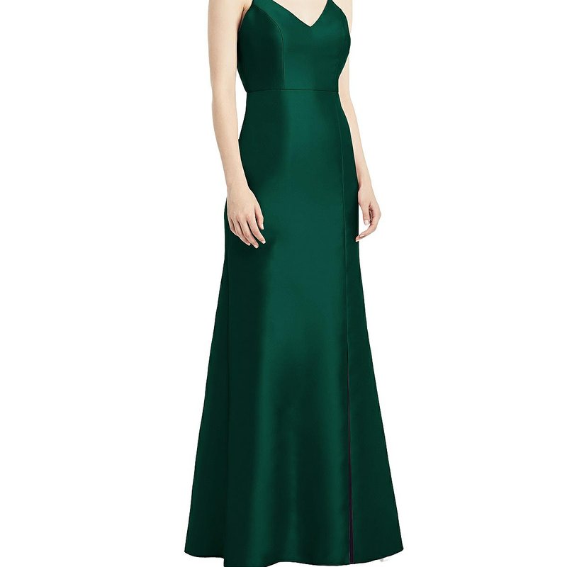 Alfred Sung Open-back Bow Tie Satin Trumpet Gown In Green