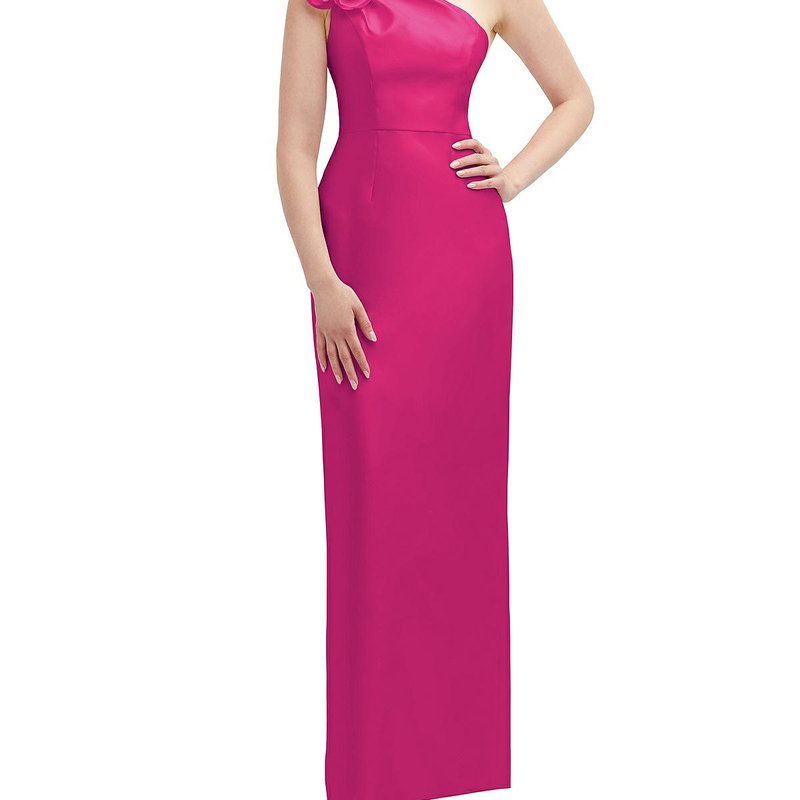 Shop Alfred Sung Oversized Flower One-shoulder Satin Column Dress In Pink