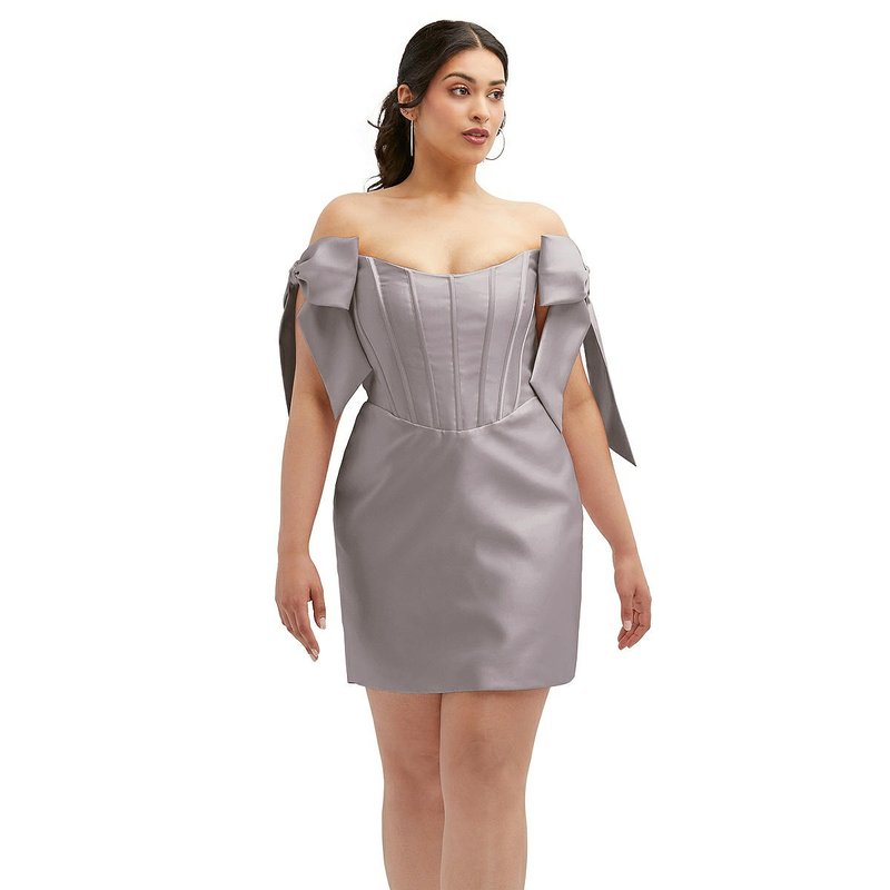 Shop Alfred Sung Satin Off-the-shoulder Bow Corset Fit And Flare Mini Dress In Grey