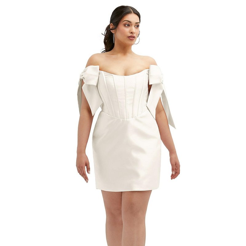 Shop Alfred Sung Satin Off-the-shoulder Bow Corset Fit And Flare Mini Dress In White