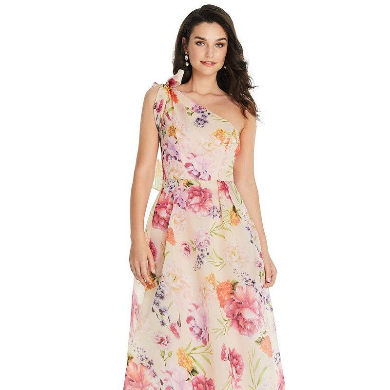 Shop Alfred Sung Scarf-tie One-shoulder Pink Floral Organdy Midi Dress In Green