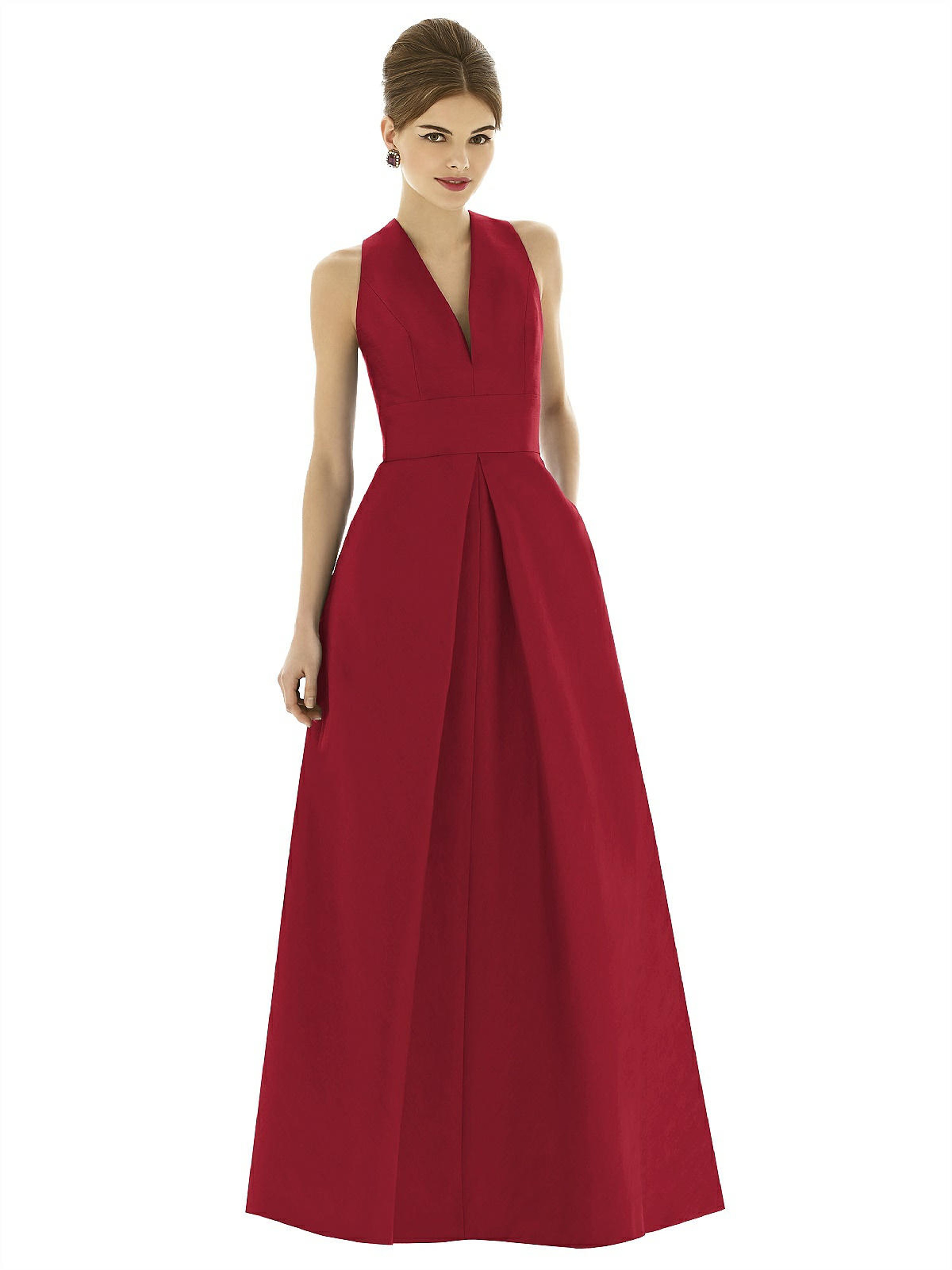Alfred Sung Sleeveless Pleated Skirt Dupioni Dress With Pockets In Red