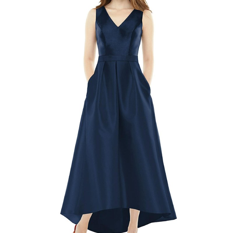Alfred Sung Sleeveless Pleated Skirt High Low Dress With Pockets In Midnight Navy