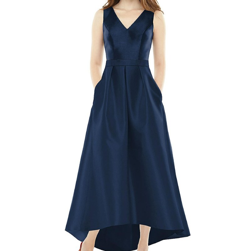 Alfred Sung Sleeveless Pleated Skirt High Low Dress With Pockets In Blue