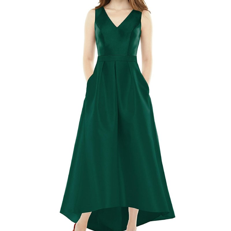 Alfred Sung Sleeveless Pleated Skirt High Low Dress With Pockets In Hunter Green
