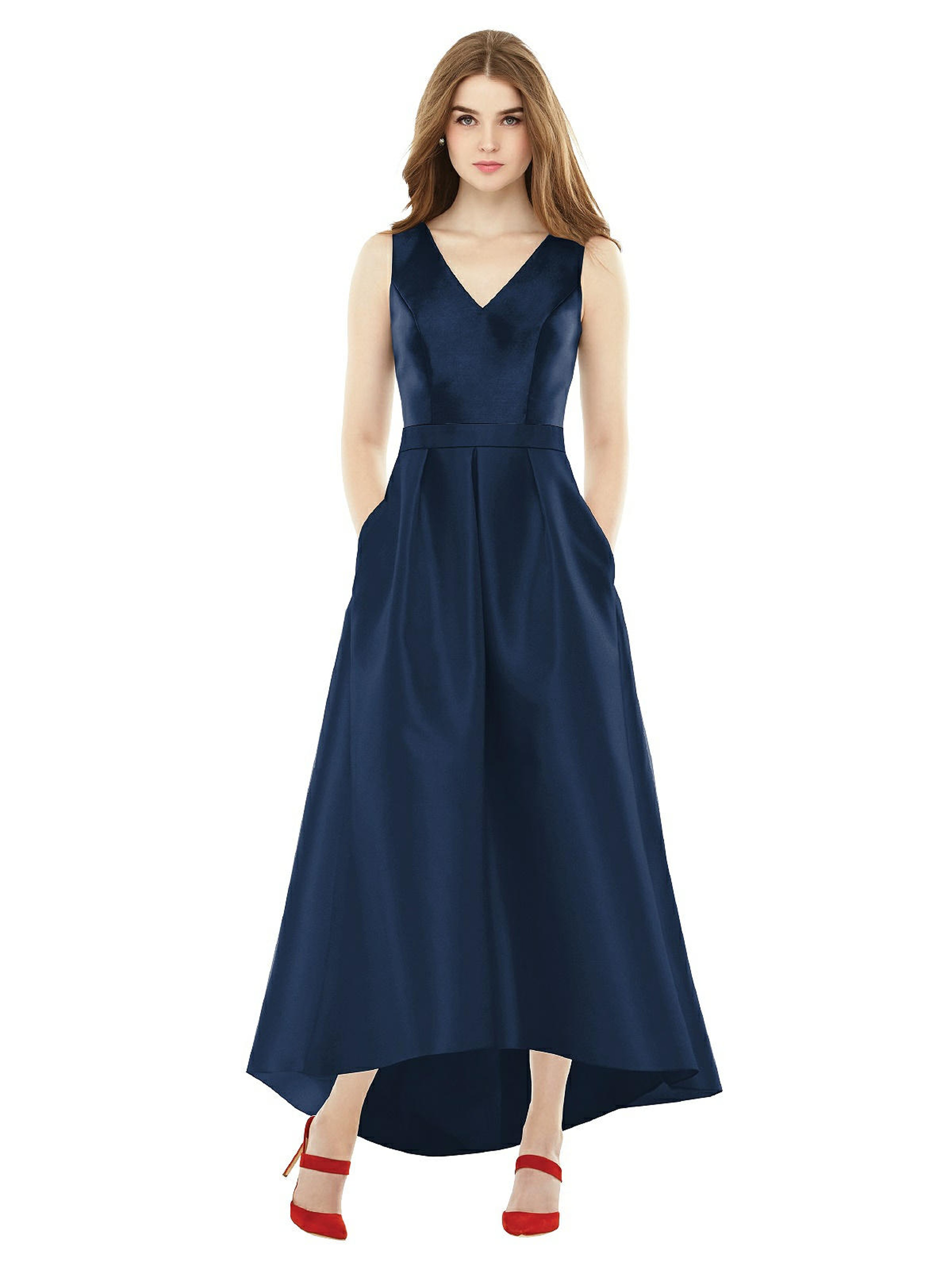 Alfred Sung Sleeveless Pleated Skirt High Low Dress With Pockets In Blue