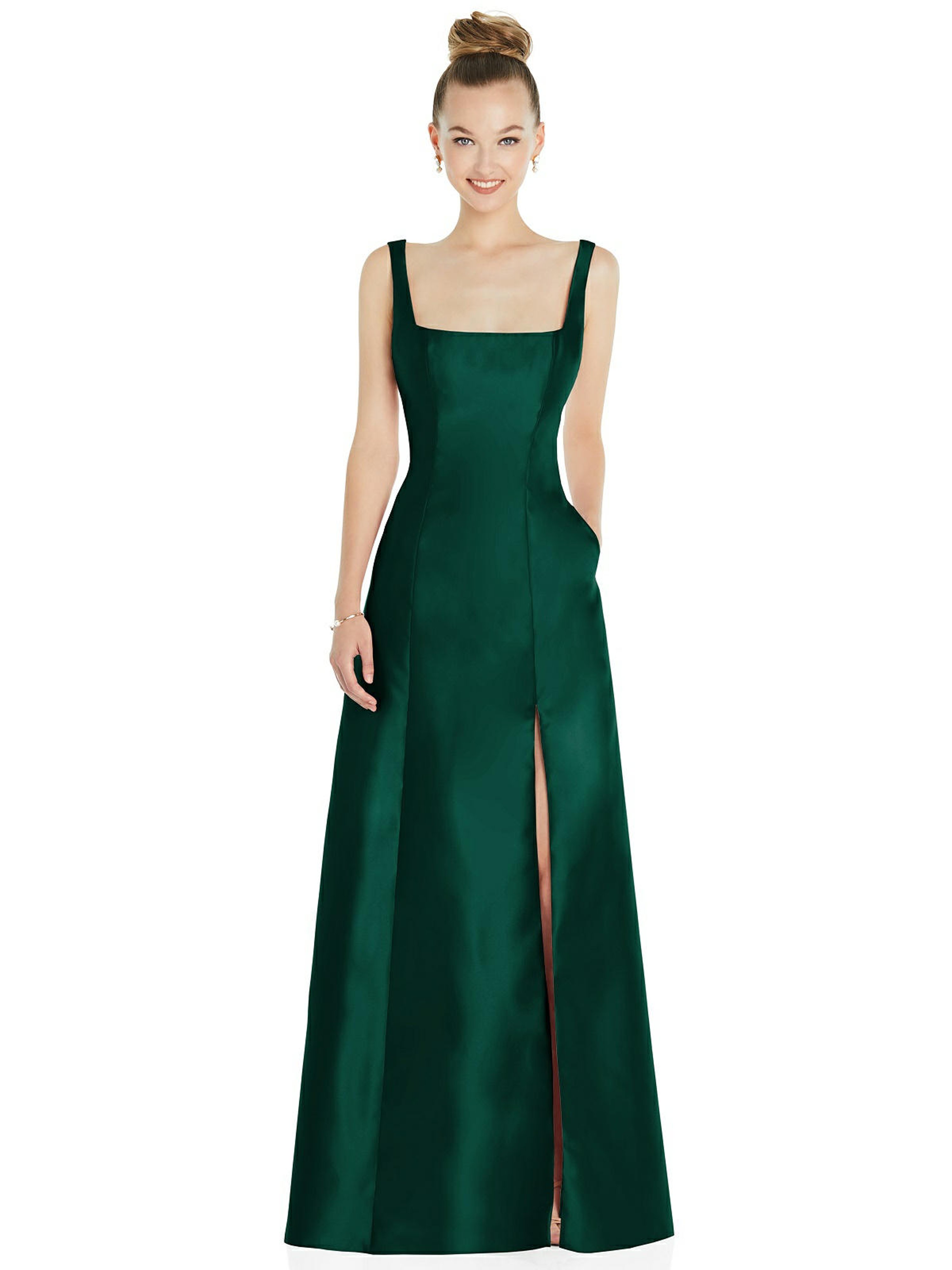 Alfred Sung Sleeveless Square-neck Princess Line Gown With Pockets In Green