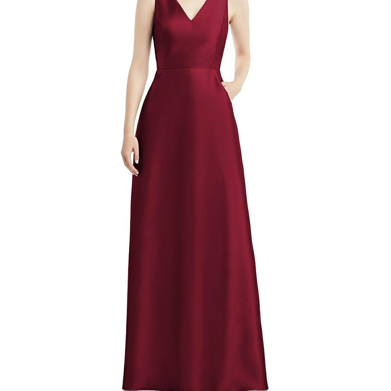 Alfred Sung Sleeveless V-neck Satin Dress With Pockets In Burgundy