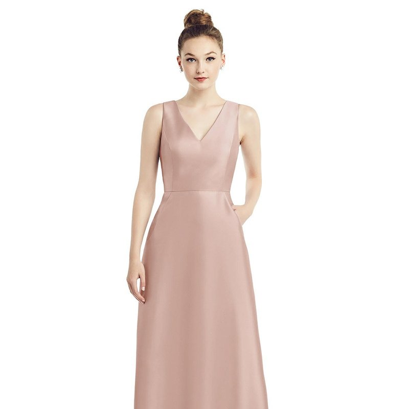 Alfred Sung Sleeveless V-neck Satin Dress With Pockets In Toasted Sugar