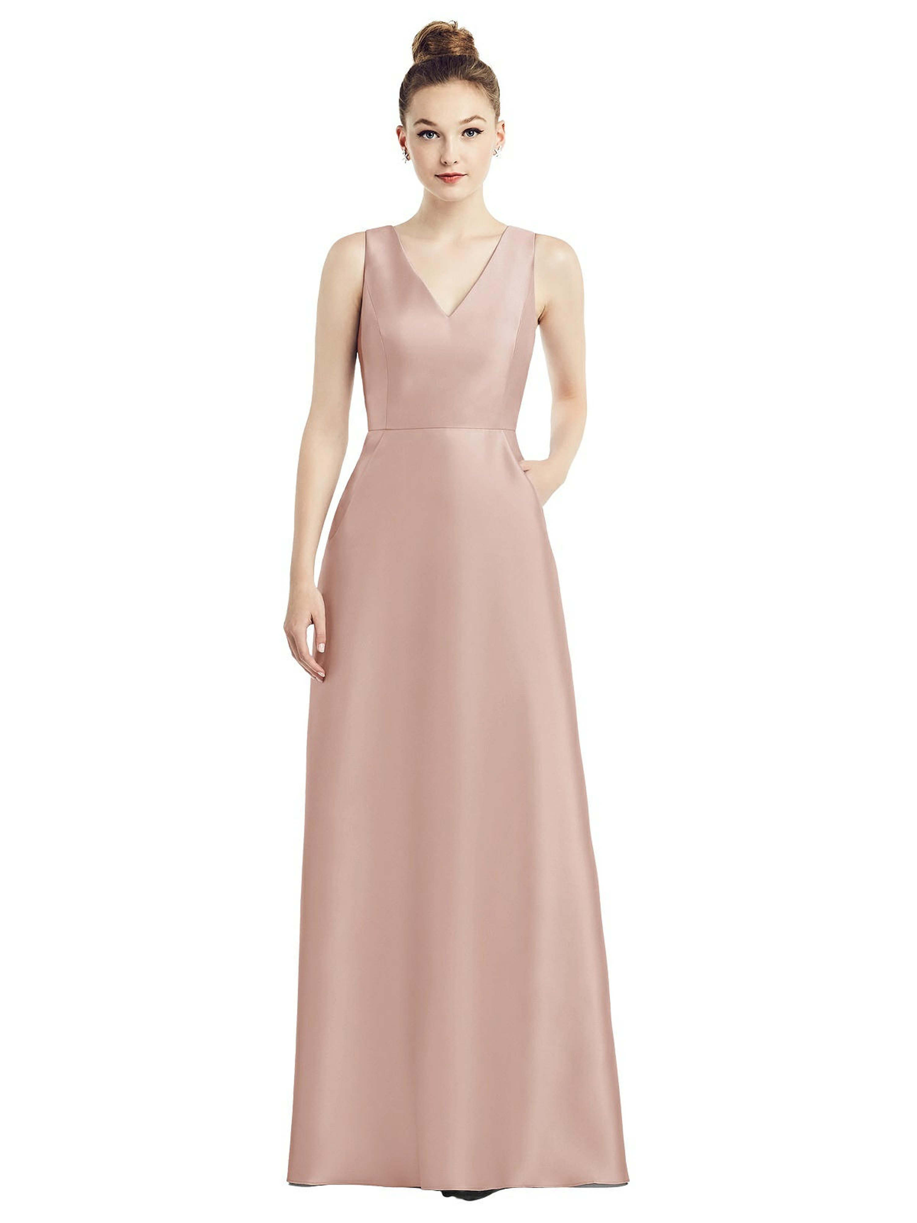 ALFRED SUNG ALFRED SUNG SLEEVELESS V-NECK SATIN DRESS WITH POCKETS