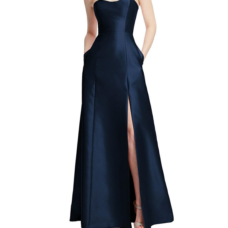 Shop Alfred Sung Strapless A-line Satin Gown With Modern Bow Detail In Blue