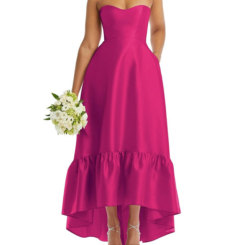 Shop Alfred Sung Strapless Deep Ruffle Hem Satin High Low Dress With Pockets In Pink