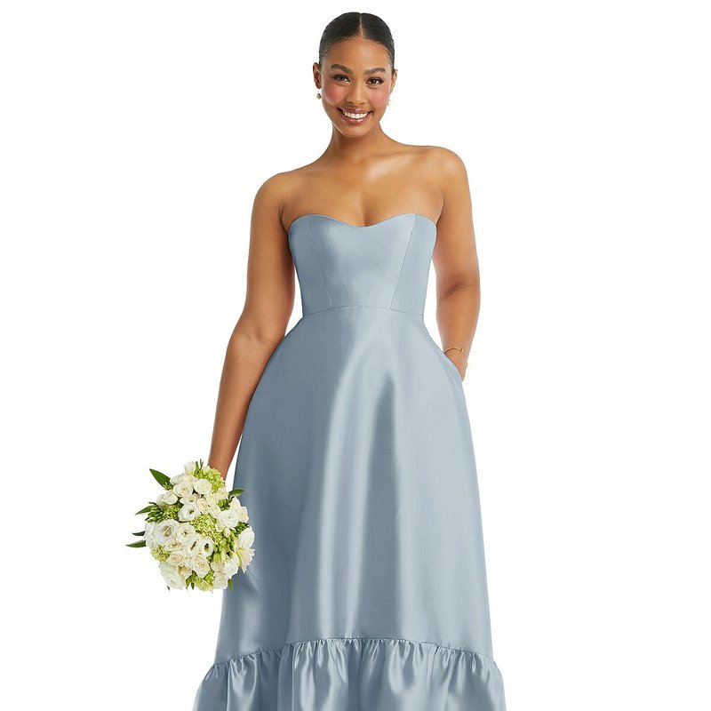 Shop Alfred Sung Strapless Deep Ruffle Hem Satin High Low Dress With Pockets In Blue