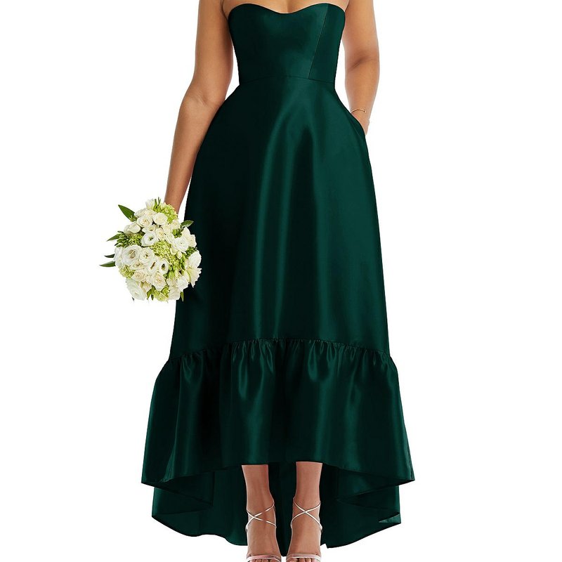 Shop Alfred Sung Strapless Deep Ruffle Hem Satin High Low Dress With Pockets In Green