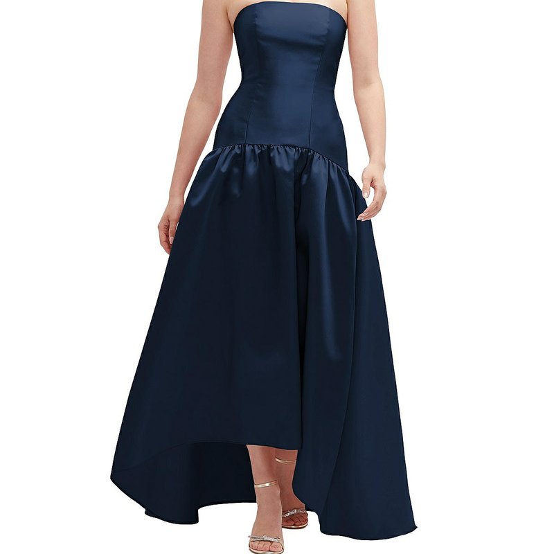 Shop Alfred Sung Strapless Fitted Satin High Low Dress With Shirred Ballgown Skirt In Blue
