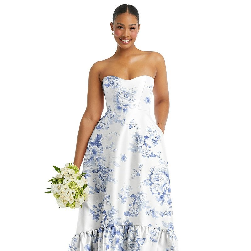 Shop Alfred Sung Strapless Floral High-low Ruffle Hem Maxi Dress With Pockets In White