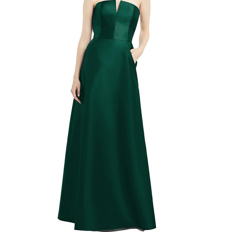 ALFRED SUNG ALFRED SUNG STRAPLESS NOTCH SATIN GOWN WITH POCKETS