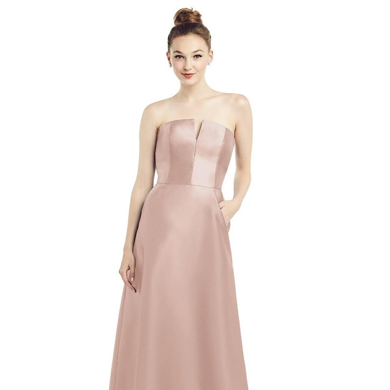 Alfred Sung Strapless Notch Satin Gown With Pockets In Toasted Sugar