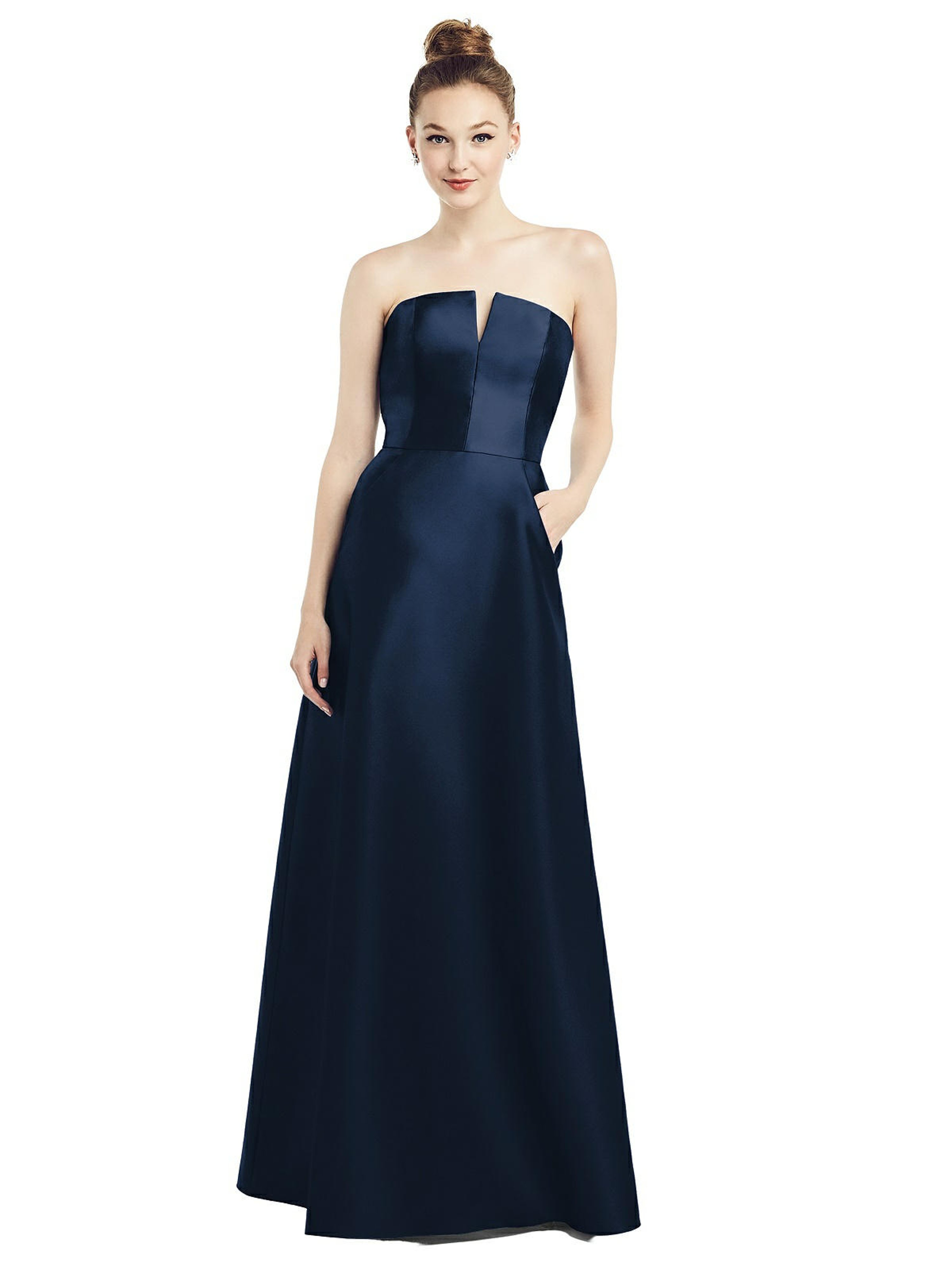 ALFRED SUNG ALFRED SUNG STRAPLESS NOTCH SATIN GOWN WITH POCKETS
