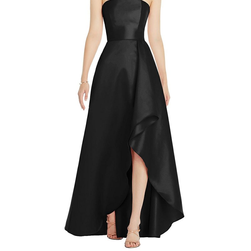 Alfred Sung Strapless Satin Gown With Draped Front Slit And Pockets In Black