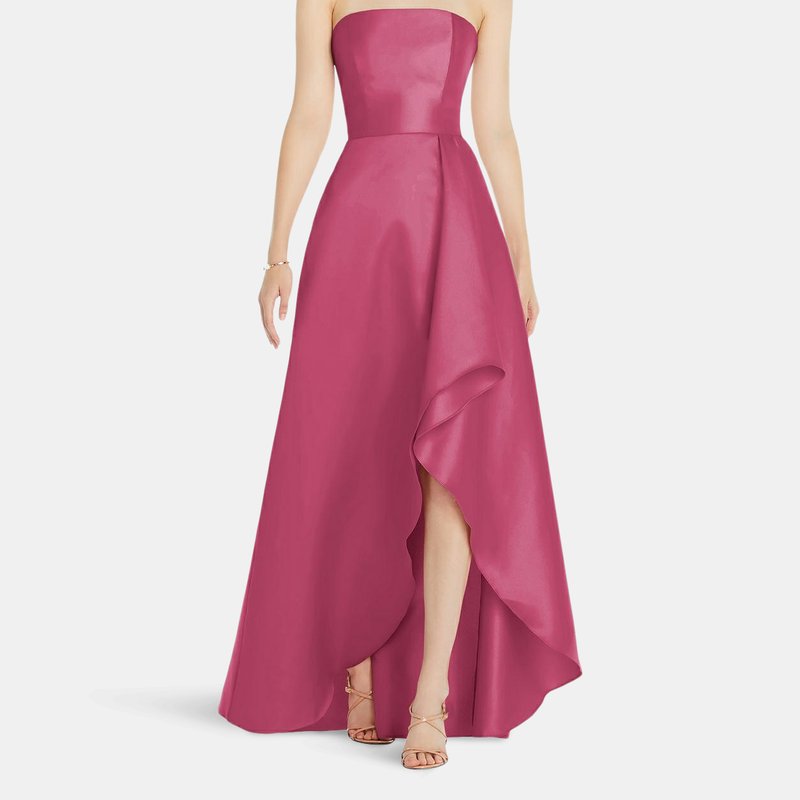 Alfred Sung Strapless Satin Gown With Draped Front Slit And Pockets In Tea Rose