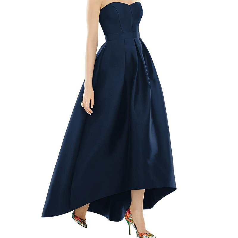 Shop Alfred Sung Strapless Satin High Low Dress With Pockets In Blue