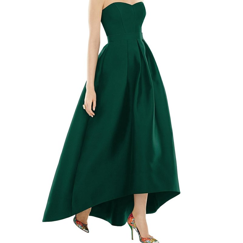 Shop Alfred Sung Strapless Satin High Low Dress With Pockets In Green