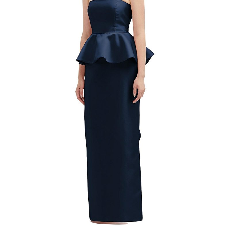 Shop Alfred Sung Strapless Satin Maxi Dress With Cascade Ruffle Peplum Detail In Blue