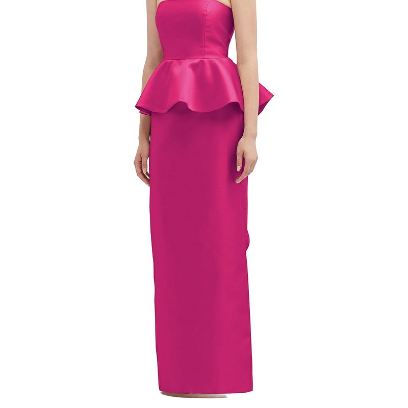 Shop Alfred Sung Strapless Satin Maxi Dress With Cascade Ruffle Peplum Detail In Pink