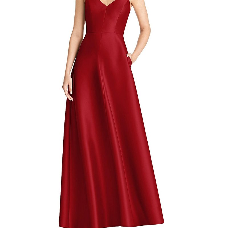 Shop Alfred Sung V-neck Full Skirt Satin Maxi Dress In Red
