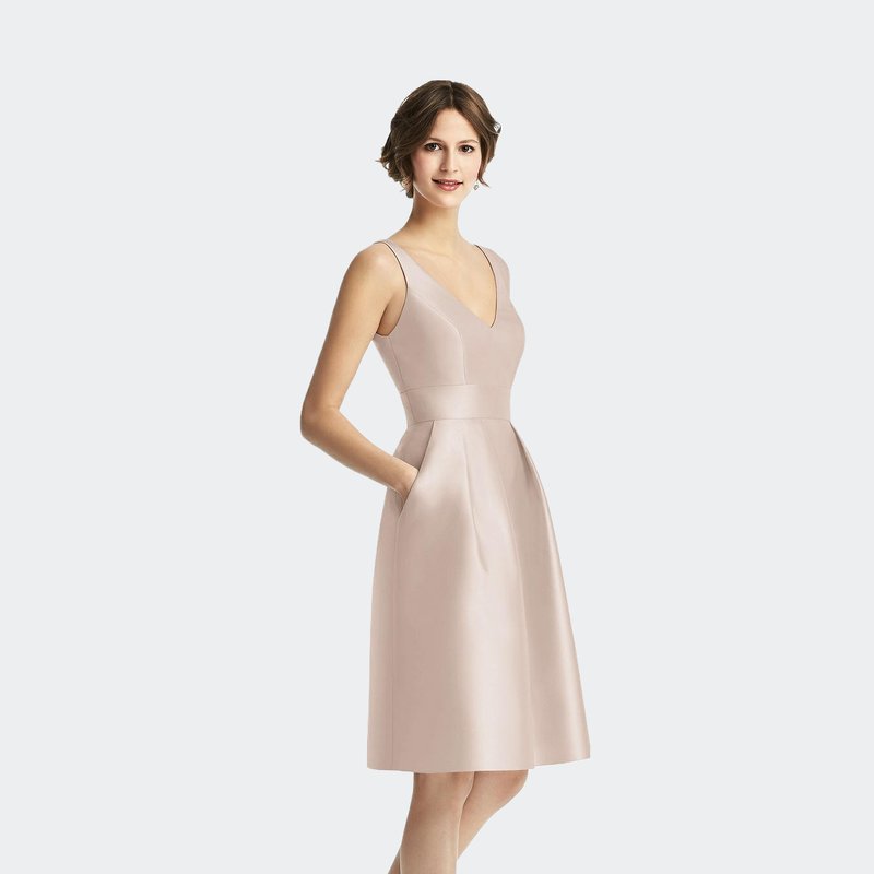 Alfred Sung V-neck Pleated Skirt Cocktail Dress With Pockets In Cameo