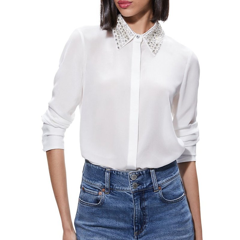 Shop Alice And Olivia Willa Embellished Placket Top Blouse In White