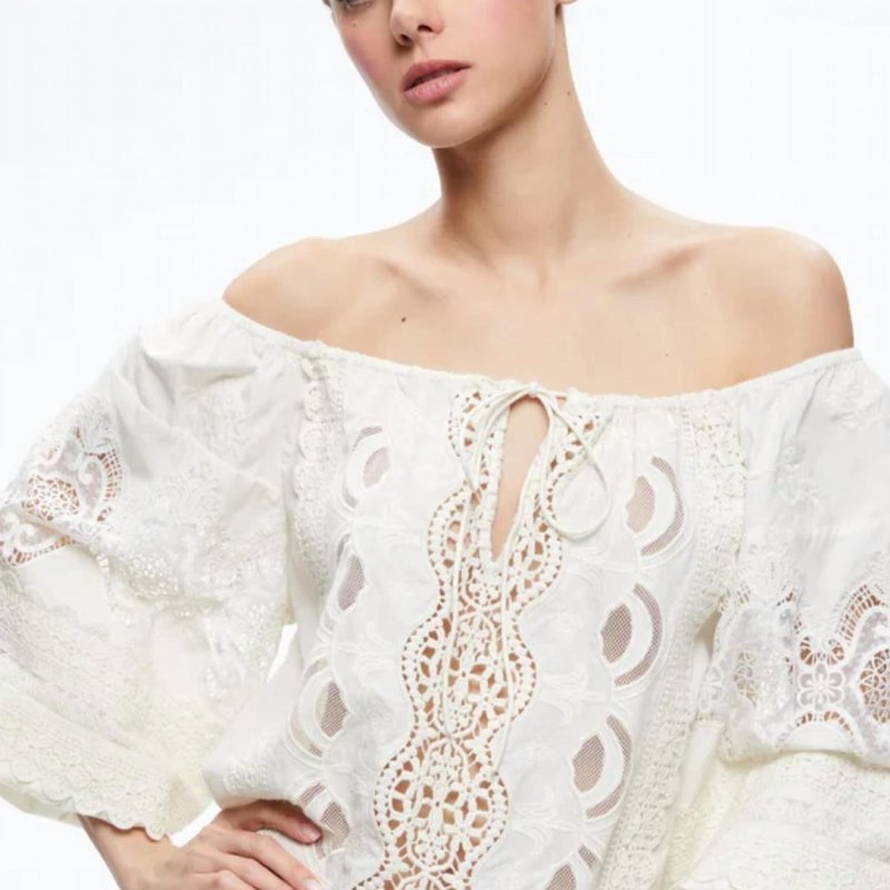 Shop Alice And Olivia Alta Embroidered Off The Shoulder Blouse In White