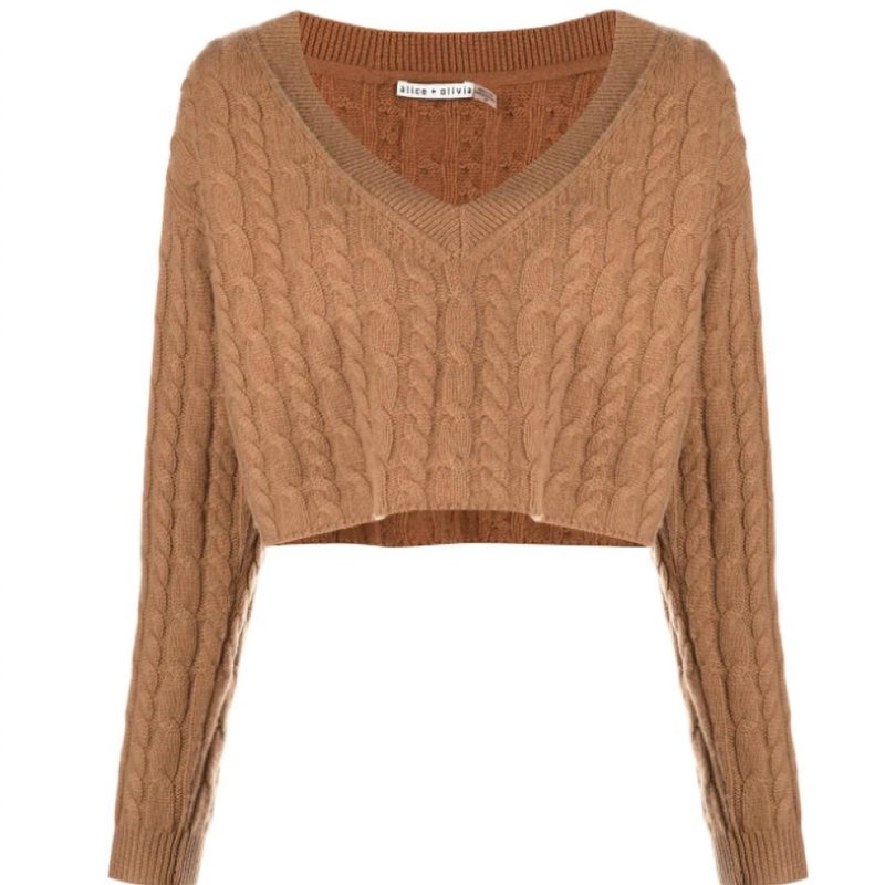 Shop Alice And Olivia Ayden V-neck Cable Knit Pullover Cropped Top Sweater In Brown