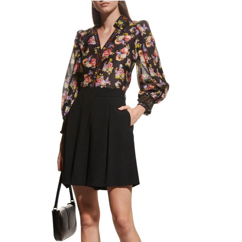 Shop Alice And Olivia Cosima Floral Silk Blouson-sleeve Button-front Top In Black