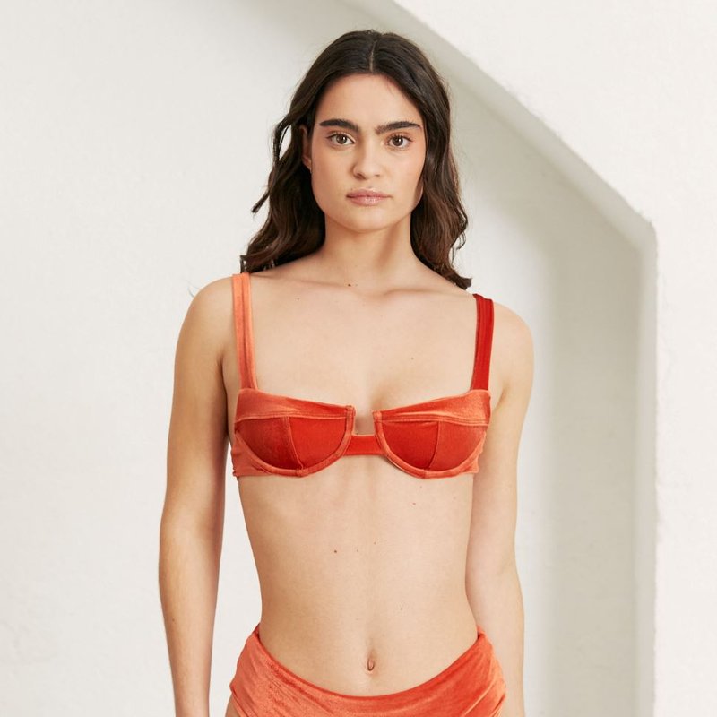 Shop Alohas The Loop Velvet Bikini Top In Orange