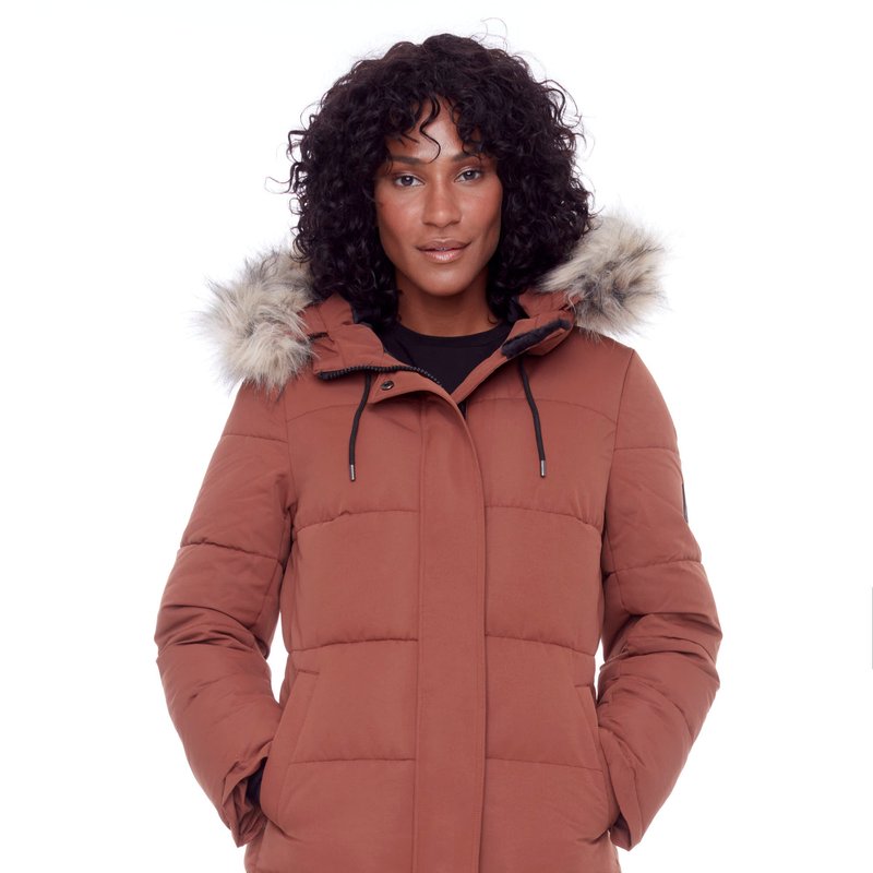 Alpine North Aulavik Women's Vegan Down (recycled) Mid-length Hooded Parka Coat, Maple In Brown