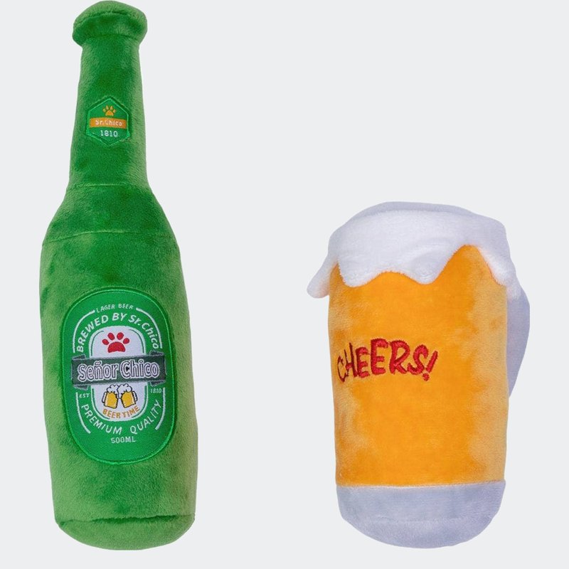 American Pet Supplies Beer-cheers Crinkle And Squeaky Plush Dog Toy Combo Gift Set In Green