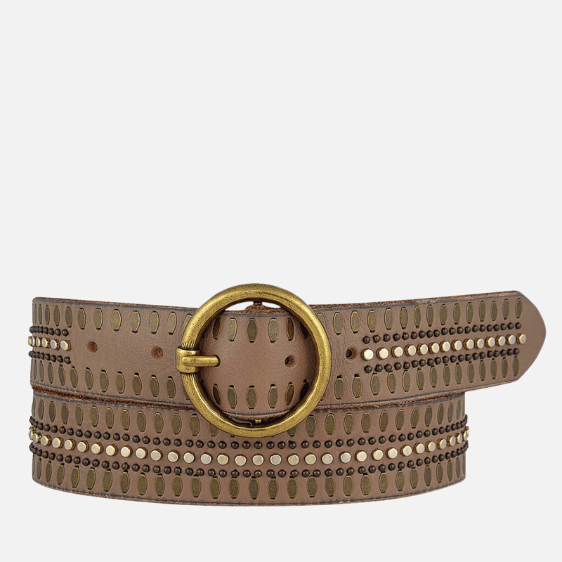Amsterdam Heritage 35056 Soraya, Studded Leather Belt With Gold Round Buckle In Brown