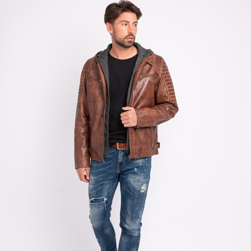 Shop Amsterdam Heritage Jasper | Men's Leather Motorcycle Hoodie Jacket In Brown