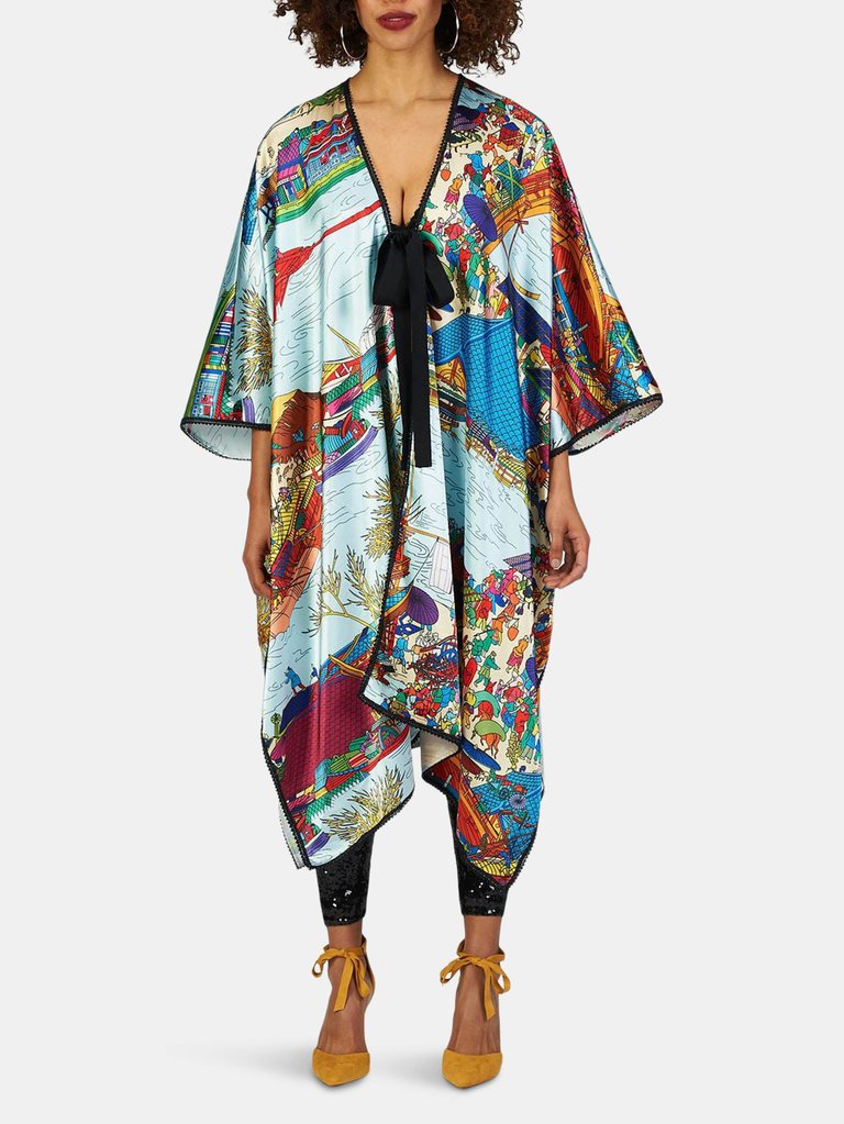 Asian Print Satin Kimono Shawl - Multi